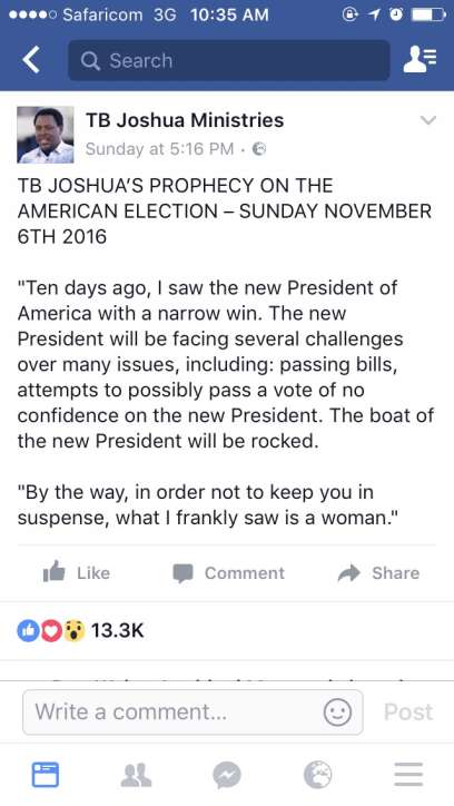 THE MASSES REACTS AT T.B JOSHUA  over his failed prophecy that Hillary Clinton would win the US presidential election          